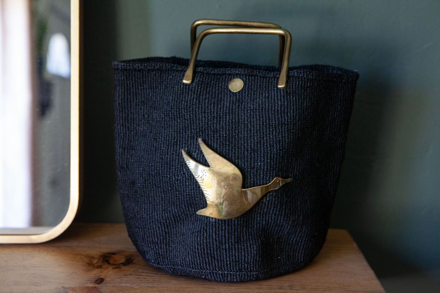 Vintage Navy Jute Purse with Brass Goose Emblem + Matching Earrings