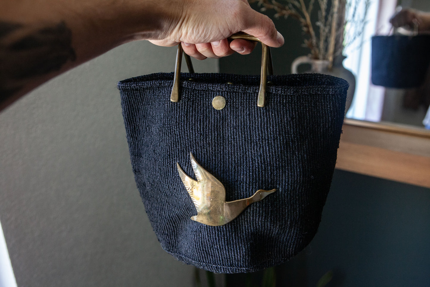 Vintage Navy Jute Purse with Brass Goose Emblem + Matching Earrings